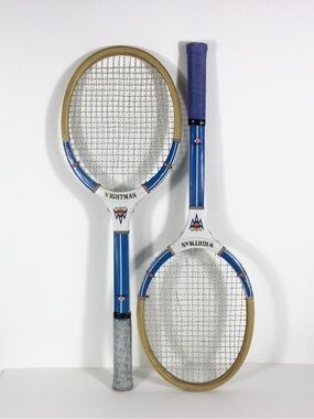 Curated Pair of Vintage Wooden Tennis Rackets for Designer Decorating Wood